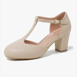 NEW Peijely Womens T Strap Chunky Block Heel Strap Dress Pumps Nude Matte 10